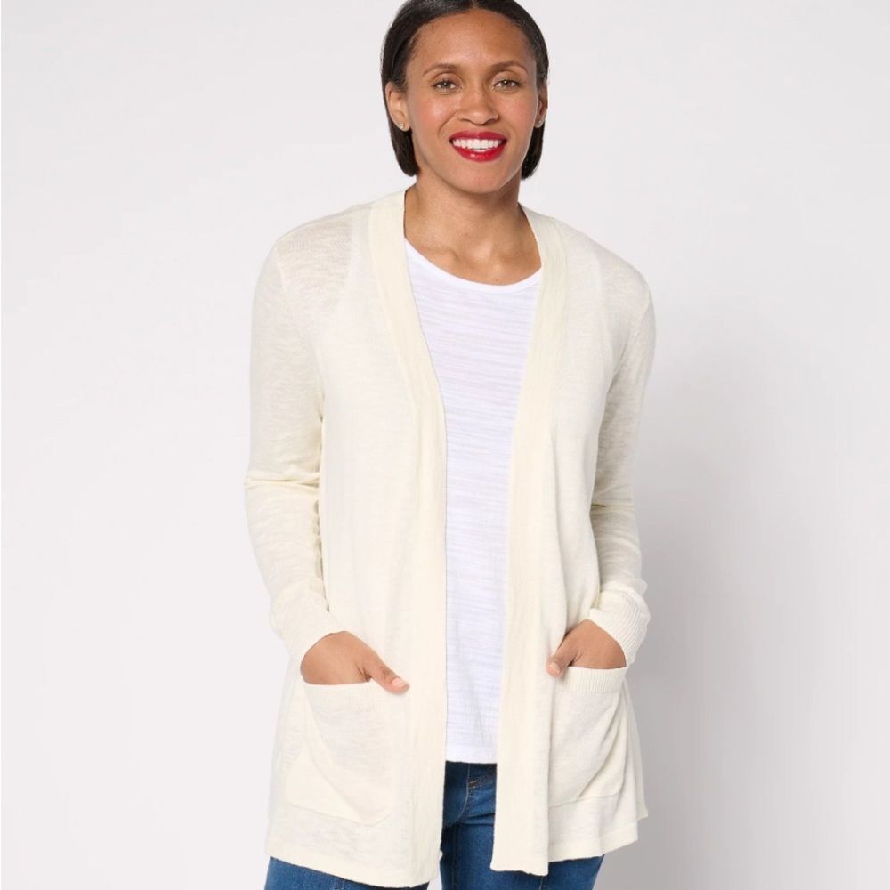 Denim & Co. Beach Petite XL Natural Color Open Front Tunic Cardigan
